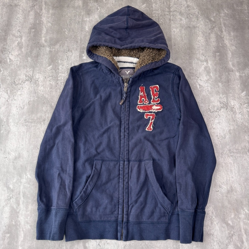 Vintage American Eagle AE 7 Hoodie Mens S Navy Full Zip Distressed Sherpa Fur